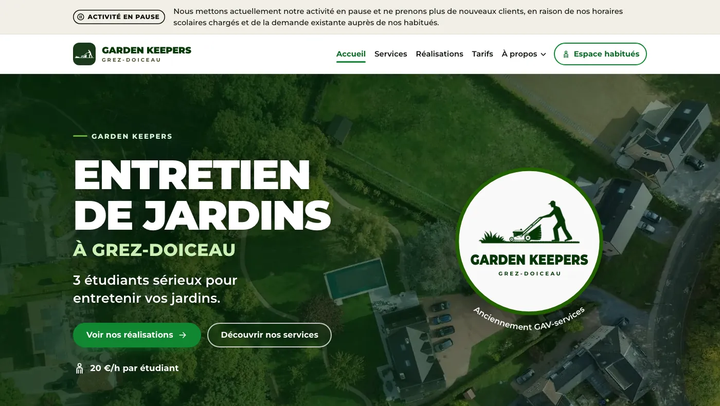 Page d'accueil du site Garden Keepers