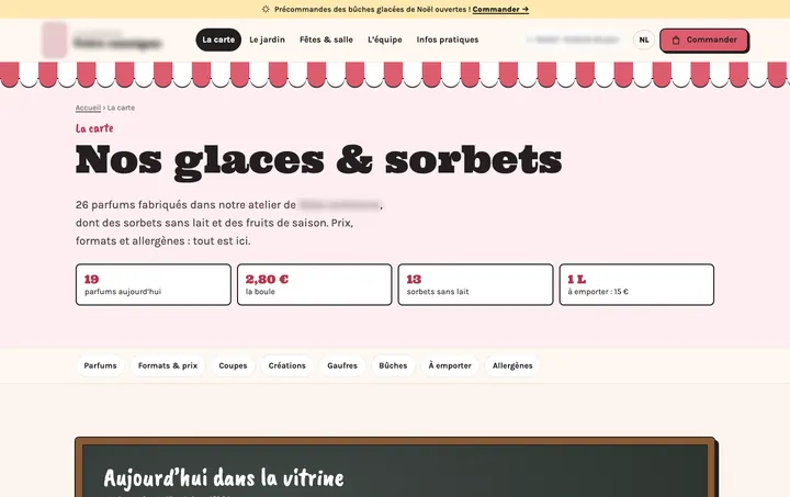 Page de la carte d'un glacier artisanal, nom et logo masqués